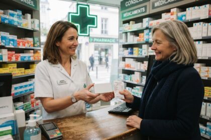 Une pharmacienne tend une boîte de médicament et un ticket à une cliente au comptoir d'une pharmacie
