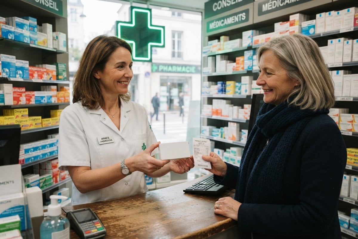 Une pharmacienne tend une boîte de médicament et un ticket à une cliente au comptoir d'une pharmacie