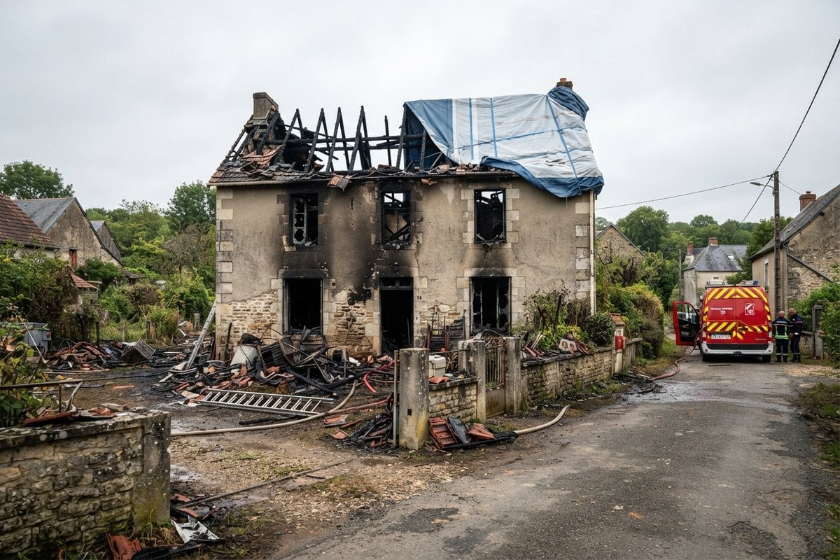 Maison de village incendiée, charpente effondrée et bâche bleue sur le toit, gravats devant la façade