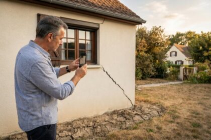 Homme photographiant avec son smartphone une longue fissure sur la façade d'une maison, sol craquelé au pied du mur