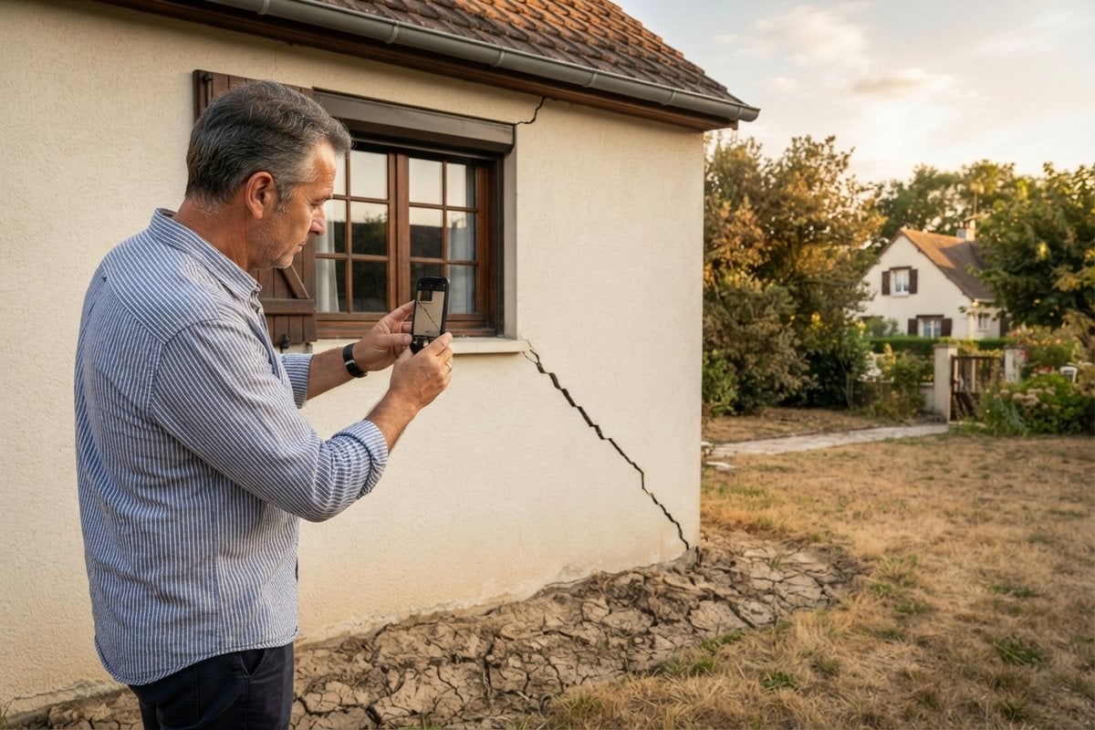 Homme photographiant avec son smartphone une longue fissure sur la façade d'une maison, sol craquelé au pied du mur