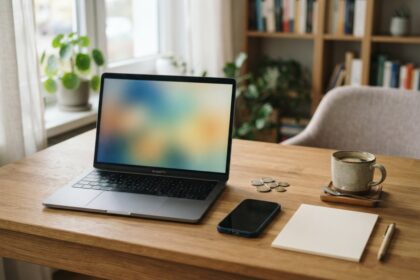 Bureau en bois d'un indépendant avec ordinateur portable, smartphone, pièces en euros et tasse de café près d'une fenêtre