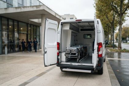 Véhicule de transport sanitaire blanc devant l'entrée d'un hôpital, portes arrière ouvertes sur un brancard vide